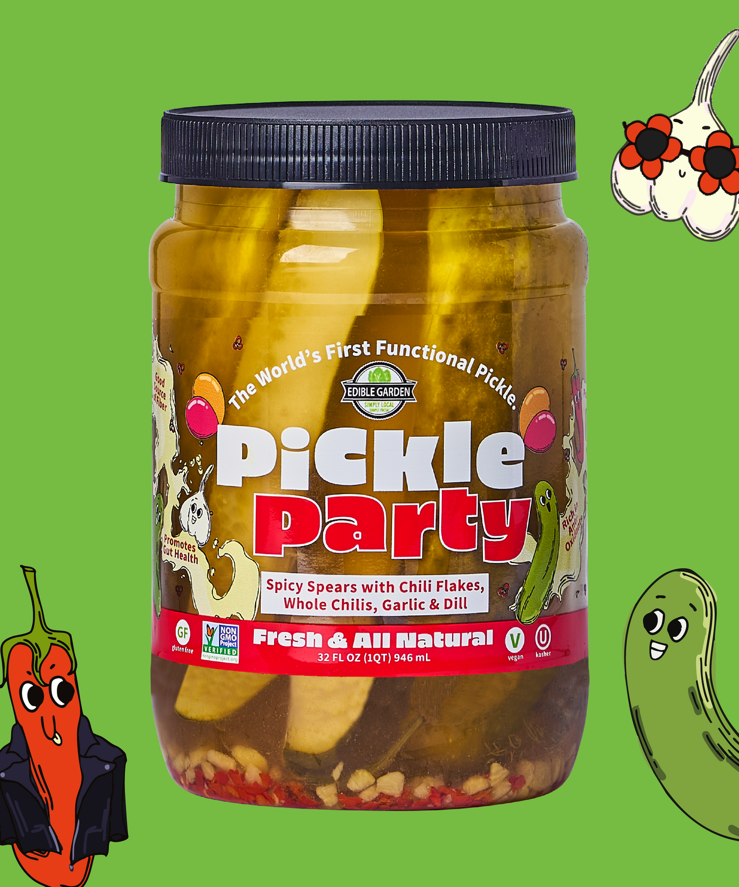 Edible Garden Pickle Party - Fresh & All Natural Spears with Chili Flakes, Garlic & Dill