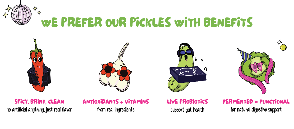 Illustrations of pickles with health benefits text on a white background
